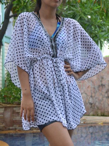 3006 White Polka dot Chiffon Caftan Kaftan Kimono Tunic Cover-ups Top XL