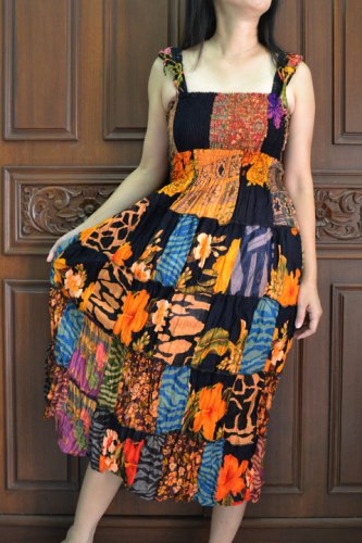 TD001 Boho Tie dye Crinkle Multi-color Floral Print Smock Sun dress XS S M L