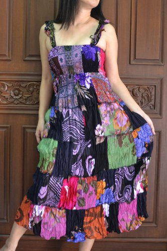 TD002 Boho Tie dye Crinkle Multi-color Floral Print Smock Sun dress XS S M L