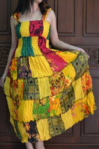 TD009 Boho Tie dye Crinkle Multi-color Floral Print Smock Sun dress XS S M L