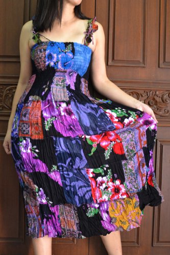 TD013 Boho Tie dye Crinkle Multi-color Floral Print Smock Sun dress XS S M L