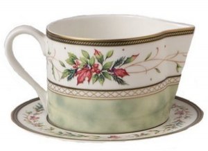 FItz & Floyd Winter Holiday gravy boat and stand NEW!