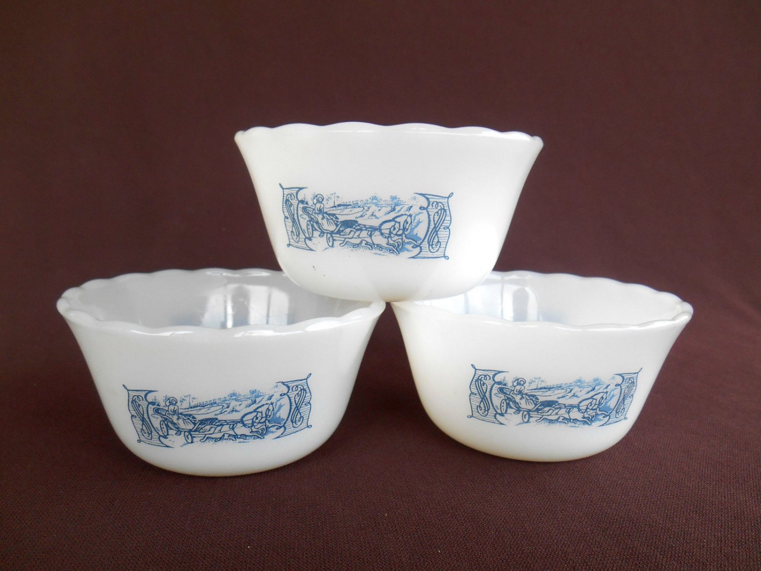 FIRE KING CURRIER IVES MILK GLASS CUSTARD CUPS Set of 3
