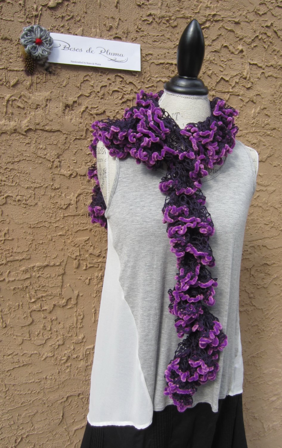 ⤠handmade Dark Purple Acrylic Polyester Ruffle Yarn Bright Violet Velvet Fur Trim SCARF COWL â¤