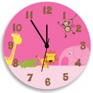 Pink Jungle Animal Safari Wooden WALL CLOCK for Girls Bedroom, Nursery Wall Decor