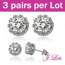 (E8004) 3 pairs x Crystal 925 Sterling Silver Ear Rings with 14K White Gold Plated