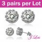 (E8004) 3 pairs x Crystal 925 Sterling Silver Ear Rings with 14K White Gold Plated