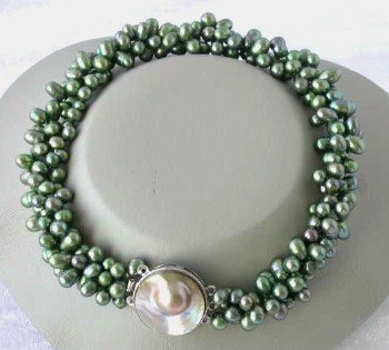 16"" 3-rows green pearl mabe clasp necklace