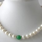 17"" 9-10mm white pearl green round jade necklace