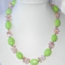 19"" green turquoise bead pink biwa pearl necklace