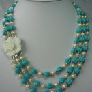 18""-20"" 3-stands white pearl& turquoise w/ shell clasp