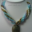 18"" 6-strand multicolor flat pearl with agate pendant