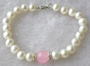Beauty 7.5'' 7-8mm white pearl pink jade bracelet