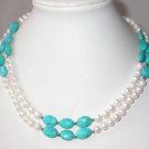 Elegant 34'' 7-8mm white pearl blue turquoise necklace