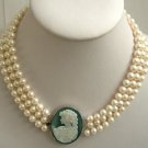 3strands Real white freshwater pearls Cameo Agate clasp