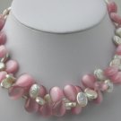 2 Strands White Coin Pearl & Pink Opal Necklace