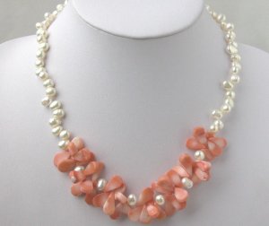 Fashionable White FW Pearl & Pink Coral Necklace