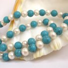 34'' round whtie pearls blue turquoise bead necklace