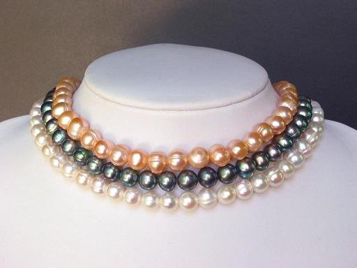 Necklace Choker 3 Strands Tri-Color FW Pearls 9mm