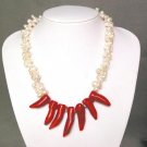 Necklace FW White Twin Pearls Chilipepper Coral