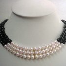 16-17'' 3-ROW SEASHELL PEARL & ONYX NECKLACE 14K GOLD