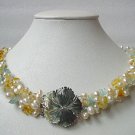 19'' 3-STR FW PEARL YELLOW JADE AQUAMARINE NECKLACE