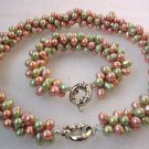 3-STR MAUVE GREEN FW PEARL NECKLACE BRACELET SET
