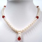16"" white FW pearl and carnelian Necklace