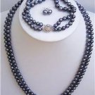 22"" 2 row 7mm Black Pearl Necklace Bracelet Earrings