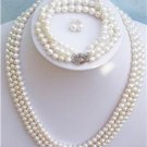 20'' 3row White Pearl Necklace Bracelet Earring Set
