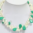2 row rice pearl and green turquoise necklace