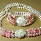 3 strands pearl and coral necklace shell clasp