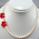 17'' white pearl and coral bead flower necklace