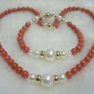 Red coral and white pearl necklace bracelet set