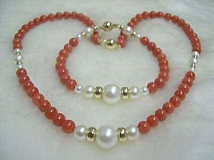 Red coral and white pearl necklace bracelet set
