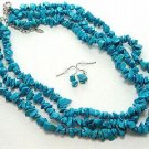 3 strands blue turquoise chips necklace earrings set