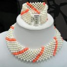 9 strands kint pearl and coral chocker necklace bracelet set