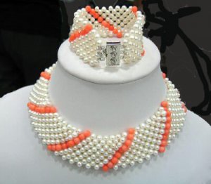 9 strands kint pearl and coral chocker necklace bracelet set