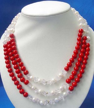 3 strands pearl coral crystal necklace