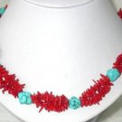 17'' 2row twist coral chips and turquoise bead necklace