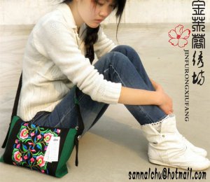 lovely green school bag, embroidery cotton and linen bag