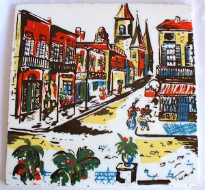 EUROPEAN STREET SCENE TILE by RICHARDS . Signed TWAIN