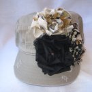 CADET HAT KAHKI DISTRESSED WITH 3 COORDINATING FABRIC FLOWERS