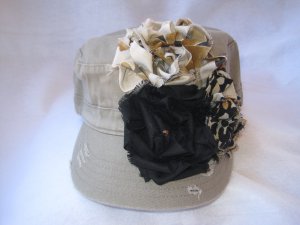 CADET HAT KAHKI DISTRESSED WITH 3 COORDINATING FABRIC FLOWERS