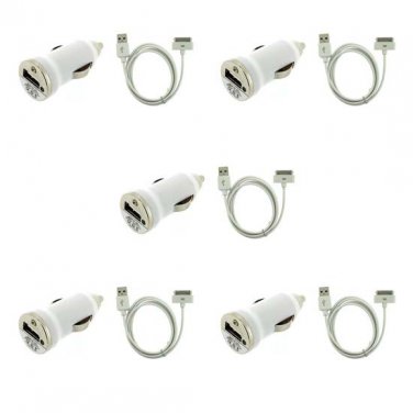 5X USB Car Charger + 5X SYNC Date Cable For iPod iPhone 3G 3GS 4 4S Touch 4