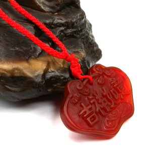 Natural red agate pendant, hand-carved "good luck." Agate necklace