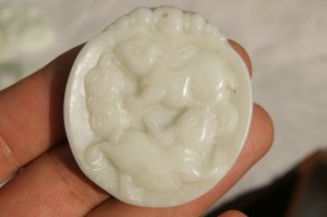 Hand-carved, jade necklace, "Fortune" double rabbit. Natural white jade pendant