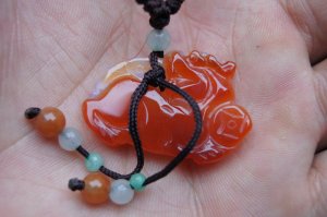 Hand-carved. Red Jade Pi Xiu pendant. Lucky necklace,