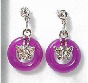 Miao silver inlaid butterfly-shaped, purple jade earrings. Beautiful woman (one pair price)