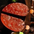 Red agate, carved (heart shaped) colorful ripples pendants, couple models (one pair price)